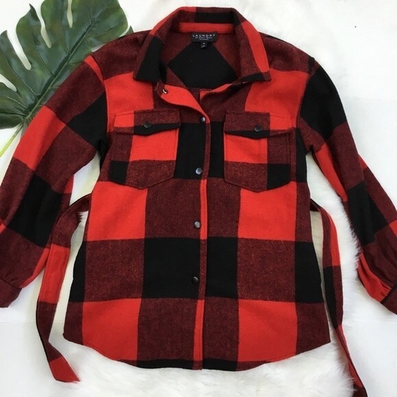 Laundry by Shelli Segal Buffalo Plaid Belted Flannel Shacket Red & Black M - Picture 3 of 10